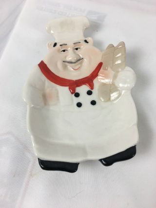 Vintage Fat Chef Spoon Rest 1980’s Ceramic Kitchen Cooking Spoon Cradle Stove