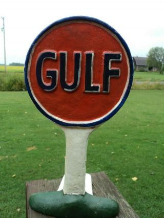 Vintage Hand Painted Heavy Cast Iron Gulf Gasoline Sign Gas Station Garage Decor