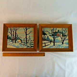 Vintage Set Of 2 Paint By Number Snow Winter Landscape - Mid Century Wood Framed