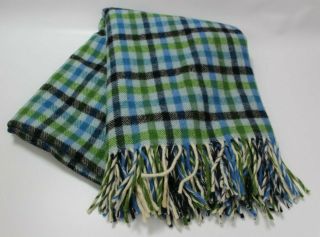 Vintage Pendleton 100 Virgin Wool Throw Blanket Blue & Green Plaid W Fringe Euc