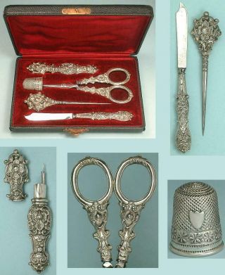Ornate Antique Silver Sewing Set,  Scissors,  Needle Case,  Thimble,  Etc.  C1860