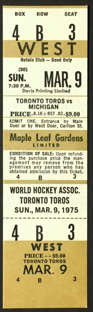 Vintage 1975 Wha Ticket Toronto Toros Vs Michigan Stags Maple Leaf Gardens Rare