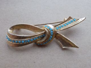 Vintage Costume Jewellery Jewelry Brooch By Sphinx Gold Coloured Bow Blue Beads