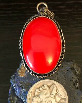 Vintage Native American Red Coral Sterling Silver Oval Braid Pendant 10g