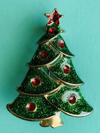 Vintage Gold Tone Green Enamel Christmas Tree Brooch Pin Rhinestones Modern Look