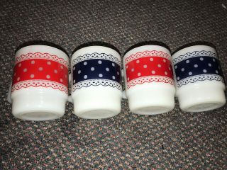 4 Vintage Fire King Stackable Blue Red/white Polka Dot Lace Cup “picnic” Mugs