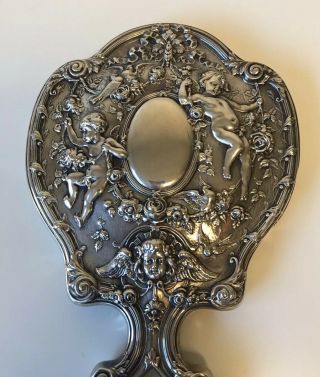 Antique Victorian Gorham Sterling Silver Hand Mirror Putti Roses Garlands Birds