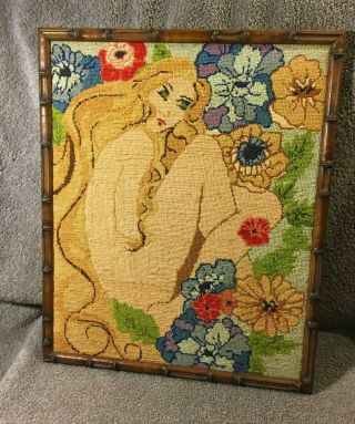 Vintage Nude Woman In Garden Finished Needlepoint Framed
