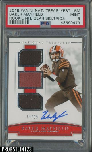 2018 National Treasures Nfl Gear Baker Mayfield Rc Jersey Auto /99 Psa 9