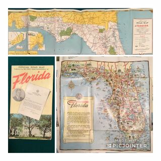 Vintage 1950 Official Road Map Florida Very Pictures Rare (ah