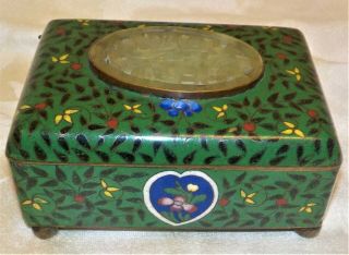 Antique Chinese Cloisonne Footed Box With Carved Jade Insert On Lid