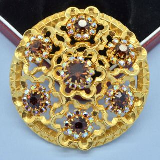 Vintage Brooch Large 1960s Amber Ab Crystal Flowers Goldtone Bridal Jewellery