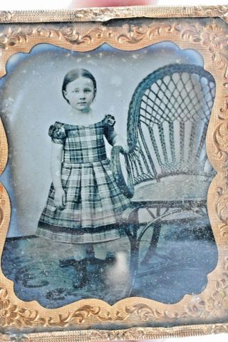 1880 Vintage Victorian Little Girl With Chair Tintype Brass Photo Frame T A - 12