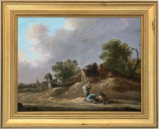 Peasants In Landscape Antique Old Master Oil Painting 18th Century Dutch School