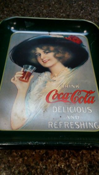 Drink Coca - Cola Delicious And Refreshing Vintage Metal Green Tray Hat Lady