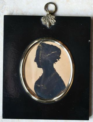 Antique Silhouette Of Young Woman In Period Lacquer Frame,  C.  1830