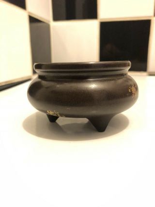 Chinese Gilt Splash Bronze Censer 4 Character Mark Tripod Supports Incense