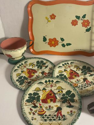 Vintage Ohio Art Tin Litho And Others Childs Tea Set Dishes Strainer Bryan 2
