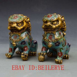 A Piar Chinese Antique Brass Handwork Cloisonne Lion Statue L31