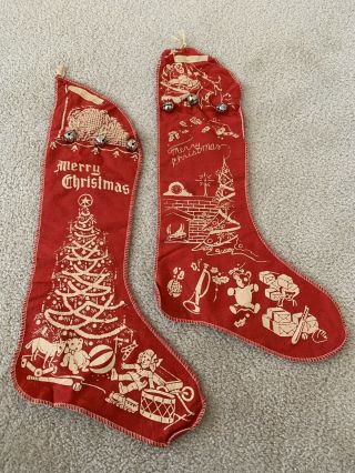 Vtg Christmas Stockings Red Felt/flannel 50’s Primitive