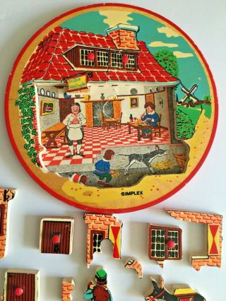Vintage SIMPLEX Round Wood Puzzle - 1950 ' s - Fairytale Theme - Made In Holland 2