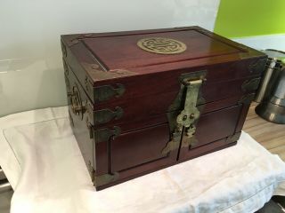Large Vintage Chinese Rosewood Jewelry Box With Drawers