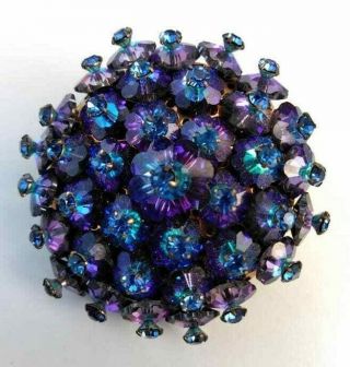 Vintage Blue Flower Shaped Rivoli Crystal Cluster Brooch
