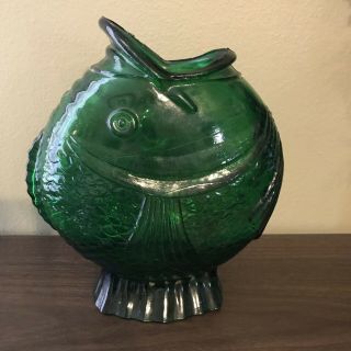Emerald Green Art Glass Fish Vase Open Mouth Spain Tank Decoration Vtg Flower