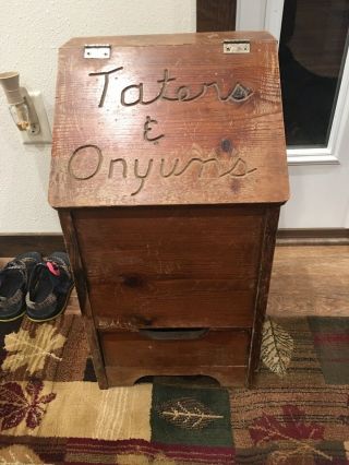 Vintage Wood Potato And Onion Storage Bin Box With Taters N Onyons Primitive