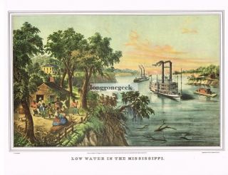 CURRIER and IVES Low Water In The Mississippi 1952 Print Paddle Wheeler 2