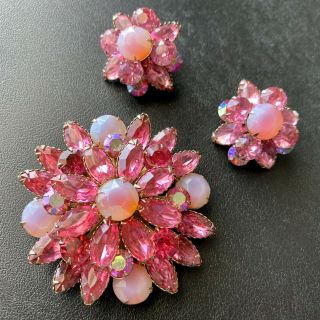 Unsign Judy Lee Vtg Pink Givre Glass Flower Rhinestone Brooch & Earrings Set 109