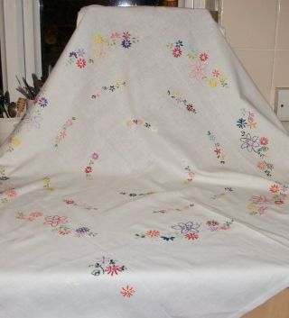 Vintage Large Hand Embroidered Tablecloth Measures 42 X 41 Inches