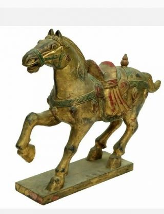 Large Antique Gold Gilt Wood Carved Chinese Tang Style Horse 20 3/4 " Tall