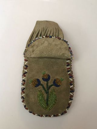 Antique Native American Beaded Medicine Bag with Petrified Wood 2
