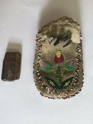 Antique Native American Beaded Medicine Bag with Petrified Wood 3