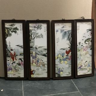 Chinese Old Famille Rose Characters Pattern 4pc/set Wood Frame Porcelain Plaques