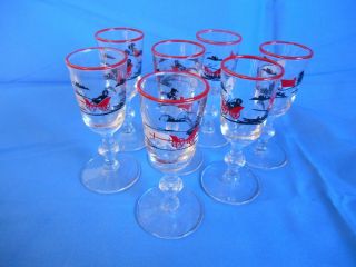 Vintage Libbey Rock Sharpe Currier & Ives Brandy Cordial Glasses Set Of 7