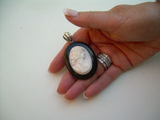 Antique Victorian Large Silver Whitby Jet & Coral Cameo Pendant.