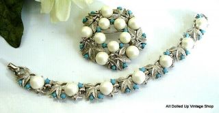 Vintage Sarah Coventry Set Bracelet Brooch Wreath Silver Tone Faux Pearls Turq