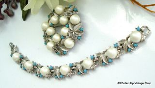 VINTAGE SARAH COVENTRY SET BRACELET BROOCH WREATH SILVER TONE FAUX PEARLS TURQ 2