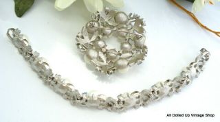 VINTAGE SARAH COVENTRY SET BRACELET BROOCH WREATH SILVER TONE FAUX PEARLS TURQ 3