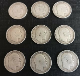 9 King Edward Vii Solid Silver Shillings Coins 1902 1906 1910 Edwardian Antique