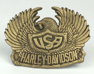 Vintage Harley - Davidson Motorcycles Brass Belt Buckle Eagle Usa Baron 1983