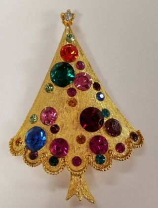 Vintage Christmas Tree Pin Rhinestone Mid Century Retro Whimsical 1960 
