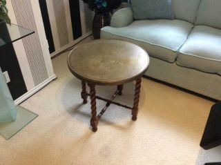 Antique Anglo/indian Oak Barley Twist Folding Table With Brass Tray Top