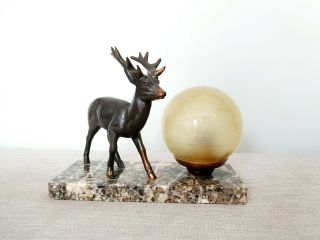 French Art Deco Lamp With Spelter Stag Light Shade Marble Base 1930s