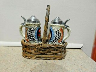Vintage German Beer Stein Salt And Pepper Shakers With Basket Holder