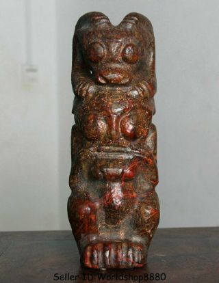 8.  4 " Old China Hongshan Culture Red Jade Carved Bull Beast Head Sun God Statue