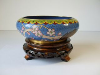 Vintage Chinese Cloisonné Bowl With Wooden Stand