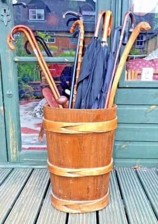 Antique Edwardian French Oak & Beech Wood Barrel Umbrella / Walking Stick Stand